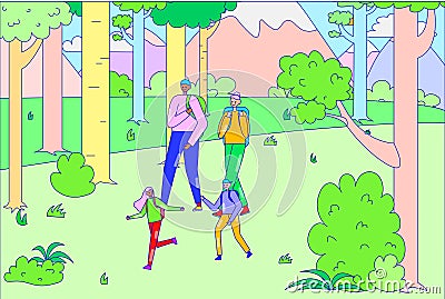Family relaxing walk hiking camping outdoor tree forest place, character father mother boy daughter stroll woodland line Vector Illustration