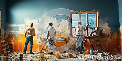 A family is repainting and renovating a room together Stock Photo