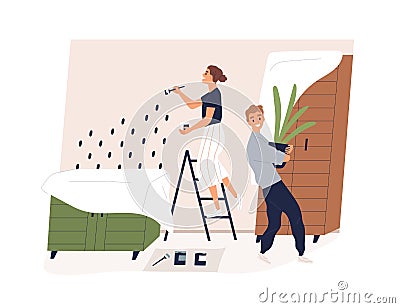 Family repairing home interior together. Young happy couple of man and woman redecorating living room, painting and Vector Illustration