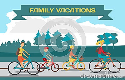 Family ride bike on highway. Healthy leisure and freedom riding Vector Illustration