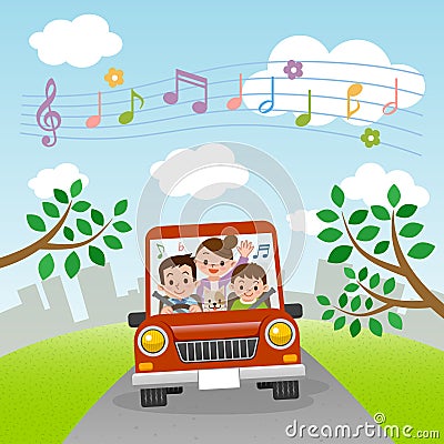 Family rides in car with music Vector Illustration