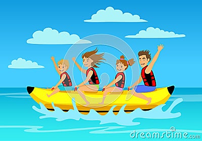 Family riding banana boat. summer vacation time Vector Illustration