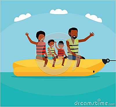 Family riding banana boat. Summer vacation time vector illustration. Sea tour. African american family. Flat cartoon Vector Illustration