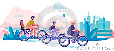 Family riding bicycles in park. Parents and children holiday trip, trendy cartoon characters doing sport activities Vector Illustration