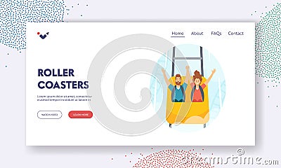 Family Riding Roller Coaster Landing Page Template. Characters in Amusement Park, Fun Fair Carnival Weekend Activity Vector Illustration