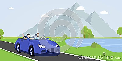 Family road trip flat vector illustration. Cheerful young couple, happy husband and wife driving cabriolet cartoon Vector Illustration