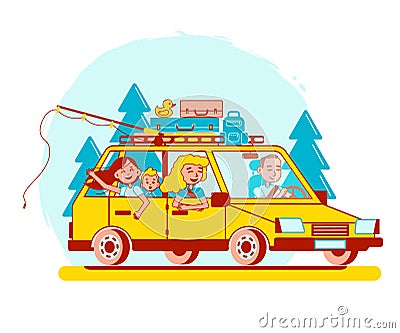 Family road trip on a yellow car. Vector Illustration