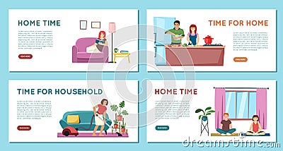 family routine landing. childrens and parents mother and father spend time together playing preparing food in kitchen Vector Illustration