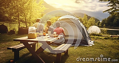 A Family's Camping Table, Perfectly Arranged for Vacation Dining Stock Photo