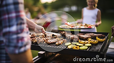 A Family's Midsection Moment in Outdoor Barbecue Delight. Generative AI Stock Photo