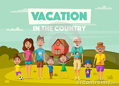 Family`s vacation in the countryside. Cartoon vector illustration Vector Illustration