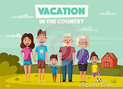 Family`s vacation in the countryside. Cartoon vector illustration Vector Illustration