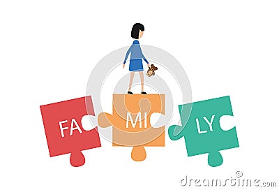 Family. A sad little girl with a teddy bear goes on puzzle blocks. The concept of an incomplete family, divorce of parents, loneli Vector Illustration