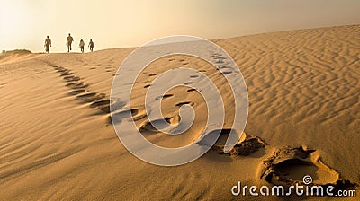 Family on a sand dune with footprints in the sand Stock Photo