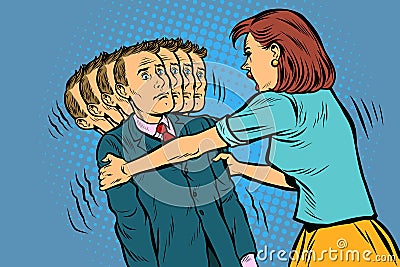 Family scandal The wife shakes her husband. Women and men unequal relations, exploitation Vector Illustration