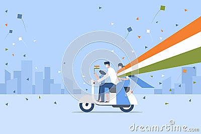 A family, holding the flying Indian tricolour flag, travelling in a scooter Vector Illustration