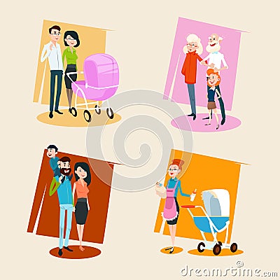 Family Set Parents With Small Children Grandparents Vector Illustration