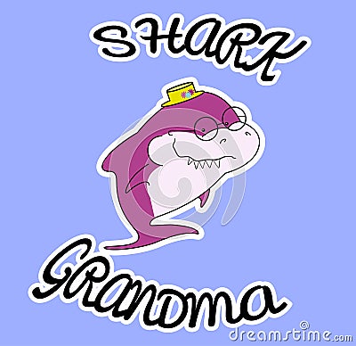 Family sharks. Grandma shark. In a straw hat with flowers. Cute cartoon purple character with eyeglasses of sea animals. Print for Vector Illustration