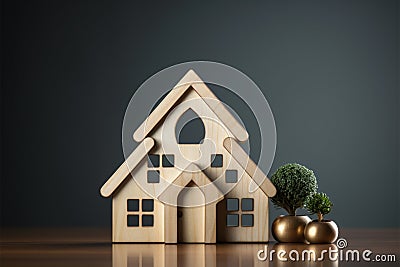Family shield House icon guards wooden family model, ensuring insurance protection Stock Photo