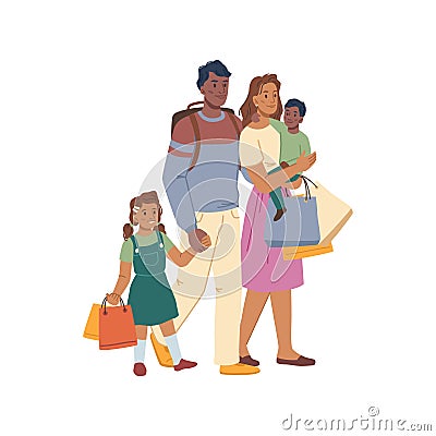 Family on shopping, cartoon people, parents, kids Vector Illustration