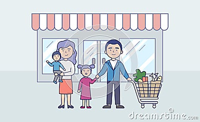 Family Shopping Concept. Father With Trolley With Food Holding Daughter s Hand, Mother Is Holding The Baby In the Arms Vector Illustration