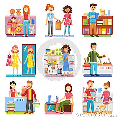 Family Shopping Concept Flat PIctograms Vector Illustration