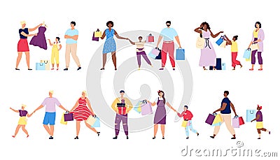 Family shopping. Fashion store, people clothes buy. Boutique customer, happy friends in shop. Retail, woman man hold Vector Illustration