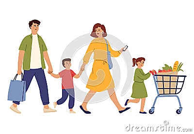 Family on shopping. Grocery store, woman man in supermarket with cart. Isolated happy people with trolley and food bag Vector Illustration