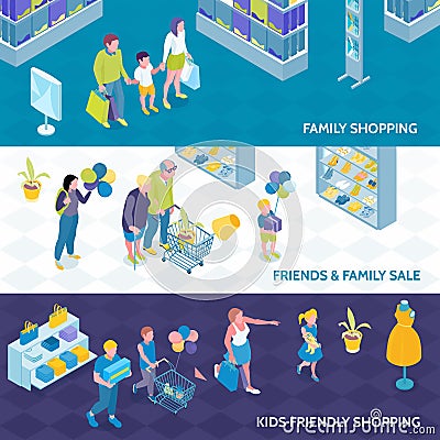 Family Shopping Isometric Banners Vector Illustration
