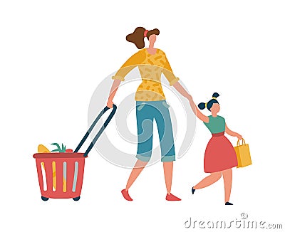 Family shopping. Mother and daughter shopper, woman with trolley and girl holding package in her hand in supermarket or Vector Illustration