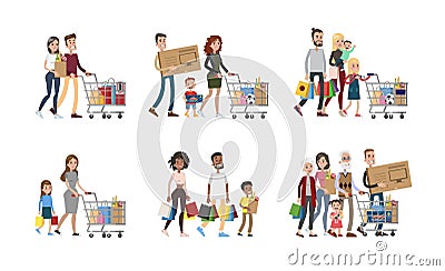 Family at shopping set. Vector Illustration