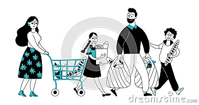 Family on shopping. Shop market, people buying in retail stores. Supermarket customers, happy decent grocery consumer Vector Illustration