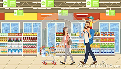 Family shopping in supermarket with product cart. Fun cartoon characters. Parents and child at shop Vector Illustration