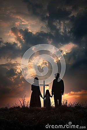 Family silhouette against a sunset sky with a cross. Stock Photo