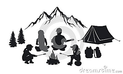 Family sit around campfire silhouette scene Stock Photo