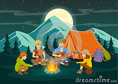 Family sitting around campfire and tent, night scene Vector Illustration