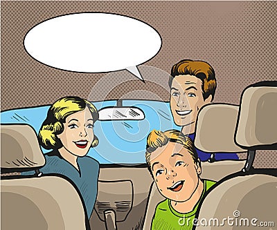 Family sitting in the car looking back. Vector illustration in pop art style, retro comic book. Vector Illustration