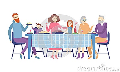 Family sitting at dining table. People eat festive food, holiday talking and family dinner reunion vector illustration Vector Illustration