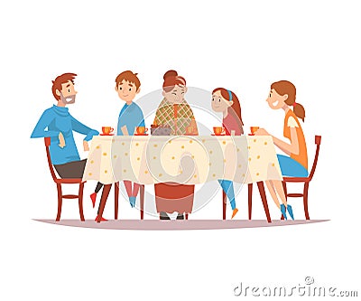 Family Sitting at Kitchen Table, Drinking Tea and Talking to Each Other, Happy Parents, Grandmother and Children Eating Vector Illustration