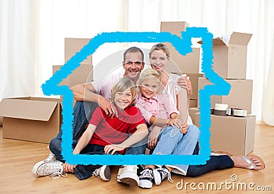 Family sitting in living room against house outline in background Stock Photo
