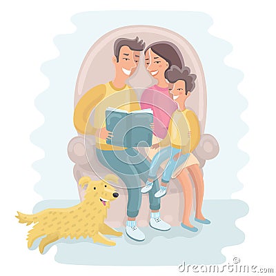 Family sitting on sofa with dog Vector Illustration