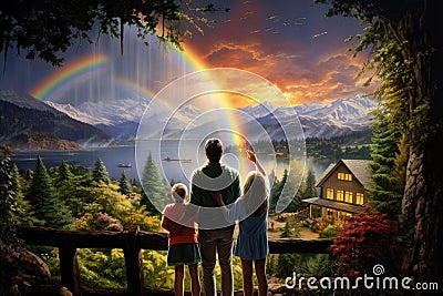 Family sitting at table looking at rainbow over mountain range against cloudy sky, A family viewing a rainbow after a downpour, AI Stock Photo