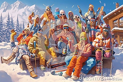 Family ski vacation. Group of young skiers in the Alps mountains. Mother and children skiing in winter. Parents teach Stock Photo