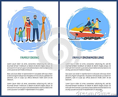 Family Skiing Snowmobiling Hobby in Winter Season Vector Illustration