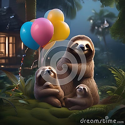 A family of sloths releasing a bundle of balloons at the stroke of midnight in the rainforest2 Stock Photo