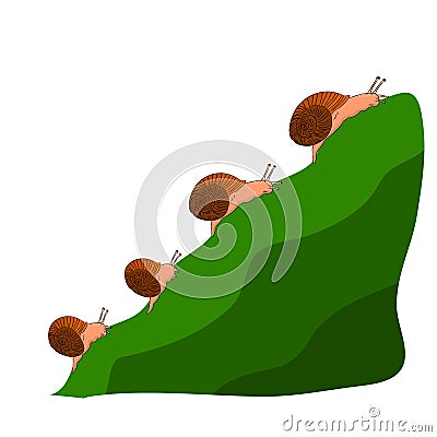 Family snails climb a mountain, cartoon on a white background. Vector Illustration