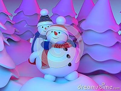 A family of snowmen is walking through the forest. Illustration in neon lighting. Positive emotions. The father holds the child on Stock Photo