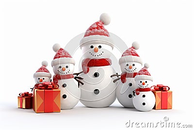A family of snowmen wearing red hats and scarves with a few presents Stock Photo