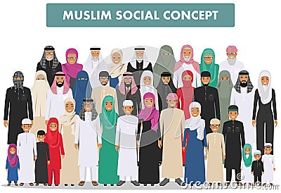 Family and social concept. Arab person generations at different ages. Group young and old muslim people standing Vector Illustration