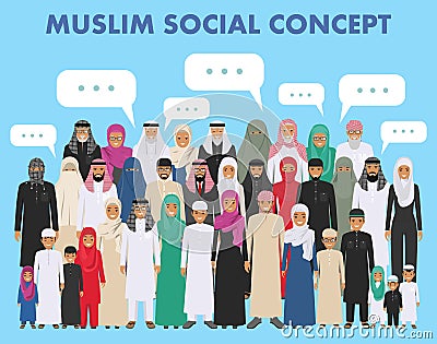 Family and social concept. Arab person generations at different ages. Group young and old muslim people standing Vector Illustration